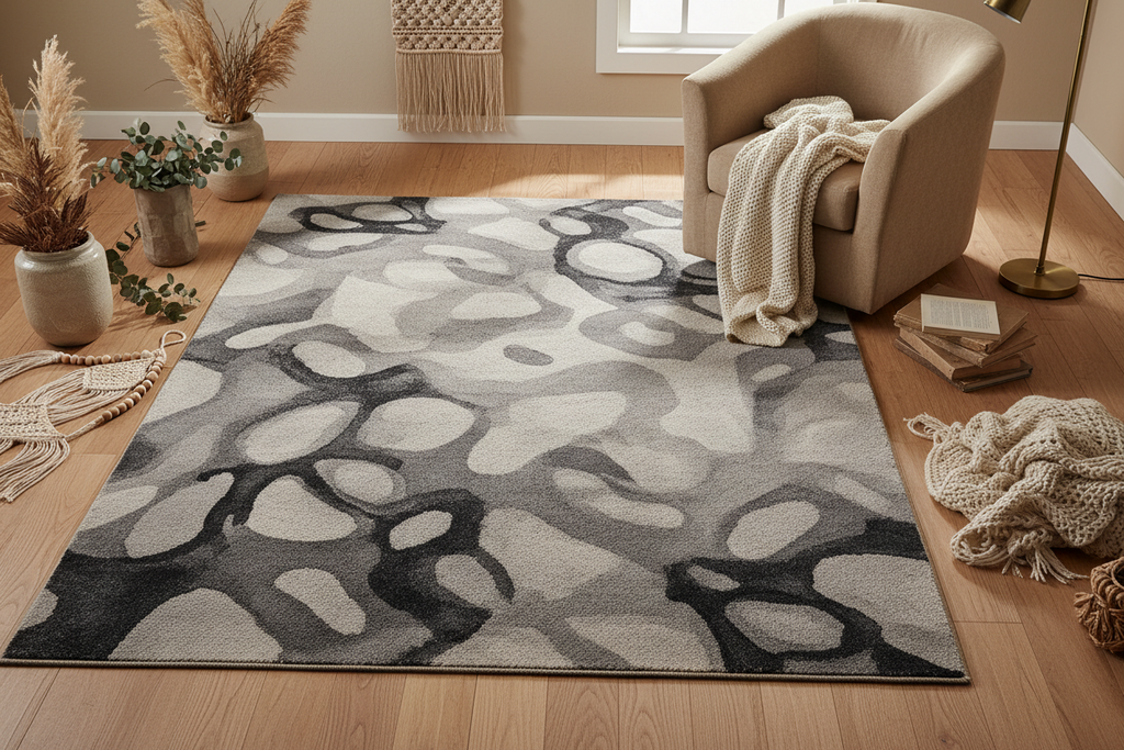 Boho Washable Area Rug 5x7 – Grey & Black Abstract Pattern