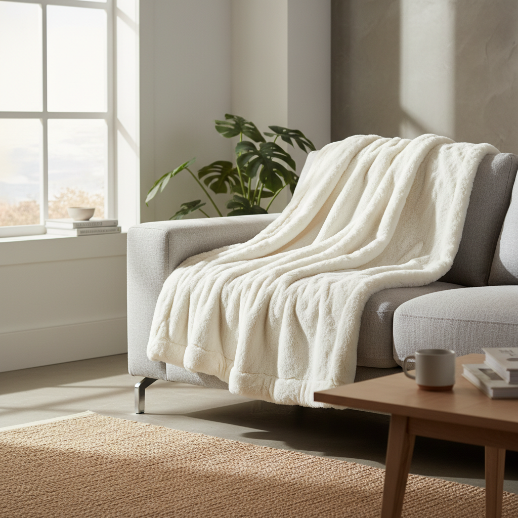 Ultra soft cream white faux fur throw blanket draped over a sofa