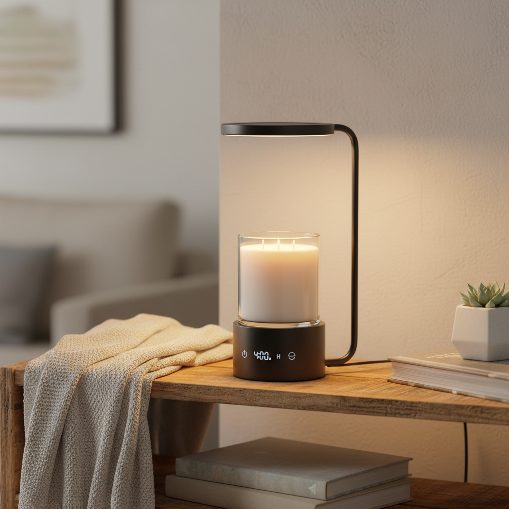 Candle warmer lamp with timer on a cozy home shelf with warm glowing light