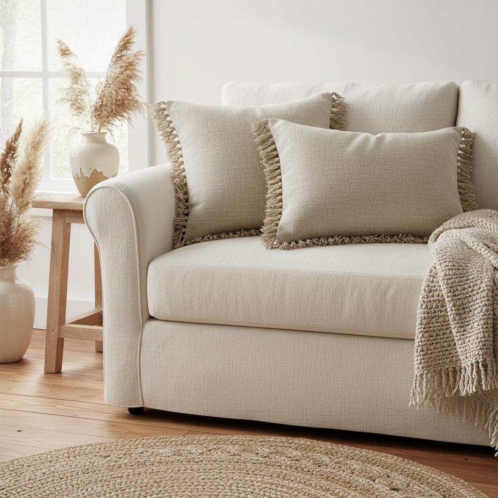Set of 2 beige linen fringe throw pillow covers with tassels on a cozy farmhouse sofa
