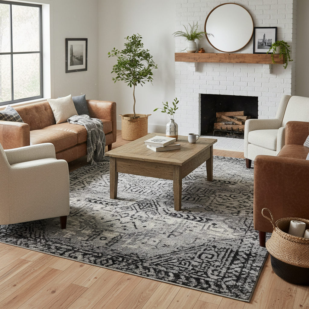 Grey and black boho abstract pattern washable area rug in a cozy farmhouse living room